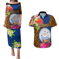 Personalised Marshall Islands Manit Day Couples Matching Puletasi Dress and Hawaiian Shirt Marshall Seal Mix Hibiscus Flower Maori Pattern Style LT03 Blue - Polynesian Pride