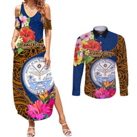 Personalised Marshall Islands Manit Day Couples Matching Summer Maxi Dress and Long Sleeve Button Shirts Marshall Seal Mix Hibiscus Flower Maori Pattern Style LT03 Blue - Polynesian Pride