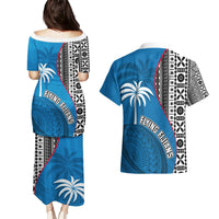 Fiji Rugby Couples Matching Puletasi Dress and Hawaiian Shirt Coat of Arms Palm Tree Mix Polynesia Tapa Pattern LT03 - Polynesian Pride