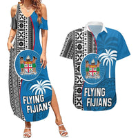 Fiji Rugby Couples Matching Summer Maxi Dress and Hawaiian Shirt Coat of Arms Palm Tree Mix Polynesia Tapa Pattern LT03 Blue - Polynesian Pride