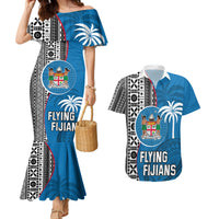 Custom Fiji Rugby Couples Matching Mermaid Dress and Hawaiian Shirt Coat of Arms Palm Tree Mix Polynesia Tapa Pattern LT03 Blue - Polynesian Pride