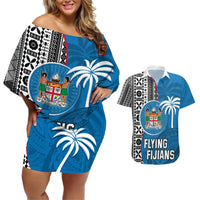 Custom Fiji Rugby Couples Matching Off Shoulder Short Dress and Hawaiian Shirt Coat of Arms Palm Tree Mix Polynesia Tapa Pattern LT03 Blue - Polynesian Pride