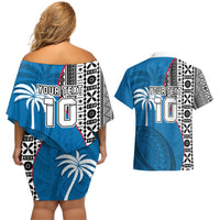 Custom Fiji Rugby Couples Matching Off Shoulder Short Dress and Hawaiian Shirt Coat of Arms Palm Tree Mix Polynesia Tapa Pattern LT03 - Polynesian Pride