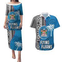 Custom Fiji Rugby Couples Matching Puletasi Dress and Hawaiian Shirt Coat of Arms Palm Tree Mix Polynesia Tapa Pattern LT03 Blue - Polynesian Pride