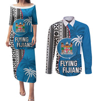 Custom Fiji Rugby Couples Matching Puletasi Dress and Long Sleeve Button Shirts Coat of Arms Palm Tree Mix Polynesia Tapa Pattern LT03 Blue - Polynesian Pride