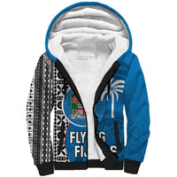 Custom Fiji Rugby Sherpa Hoodie Coat of Arms Palm Tree Mix Polynesia Tapa Pattern LT03 Unisex Blue - Polynesian Pride