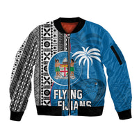 Custom Fiji Rugby Sleeve Zip Bomber Jacket Coat of Arms Palm Tree Mix Polynesia Tapa Pattern LT03 Unisex Blue - Polynesian Pride