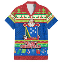 Solomon Islands Christmas Family Matching Puletasi Dress and Hawaiian Shirt Santa With Flag Of Solomon Polynesian Tribal Xmas Vibe LT03 Dad's Shirt - Short Sleeve Blue - Polynesian Pride
