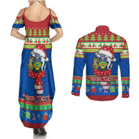 Personalised Solomon Islands Christmas Couples Matching Summer Maxi Dress and Long Sleeve Button Shirt Santa With Flag Of Solomon Polynesian Tribal Xmas Vibe LT03 - Polynesian Pride