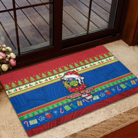 Personalised Solomon Islands Christmas Rubber Doormat Santa With Flag Of Solomon Polynesian Tribal Xmas Vibe LT03 - Polynesian Pride
