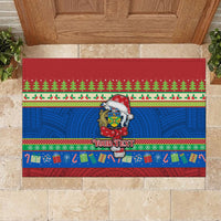 Personalised Solomon Islands Christmas Rubber Doormat Santa With Flag Of Solomon Polynesian Tribal Xmas Vibe LT03 - Polynesian Pride