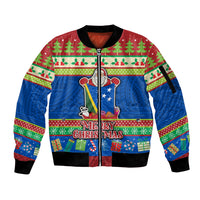 Personalised Solomon Islands Christmas Sleeve Zip Bomber Jacket Santa With Flag Of Solomon Polynesian Tribal Xmas Vibe LT03 Unisex Blue - Polynesian Pride