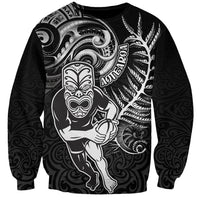 New Zealand Rugby Sweatshirt Maori Warrior Rugby with Silver Fern Sleeve Tribal Ethnic Style LT03 Unisex Black - Polynesian Pride