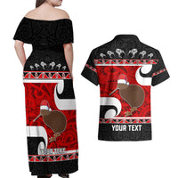 Personalized New Zealand Christmas Couples Matching Off Shoulder Maxi Dress and Hawaiian Shirt Santa Haka Fern and Kiwi Bird Tino Rangatiratanga Maori Flag Style LT03 - Polynesian Pride