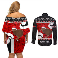 Personalized New Zealand Christmas Couples Matching Off Shoulder Short Dress and Long Sleeve Button Shirt Santa Haka Fern and Kiwi Bird Tino Rangatiratanga Maori Flag Style LT03 - Polynesian Pride