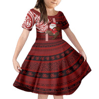Personalized New Zealand Christmas Family Matching Short Sleeve Bodycon Dress and Hawaiian Shirt Santa Claus and Kiwi Bird Maori Tattoo Koru Pattern LT03 Daughter's Dress Red - Polynesian Pride