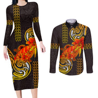 Hawaii Turtle Hibiscus Flower Couples Matching Long Sleeve Bodycon Dress and Long Sleeve Button Shirt Polynesian Tattoo LT03 Black - Polynesian Pride