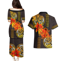 Hawaii Turtle Hibiscus Flower Couples Matching Puletasi and Hawaiian Shirt Polynesian Tattoo LT03 - Polynesian Pride