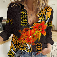 Hawaii Turtle Hibiscus Flower Women Casual Shirt Polynesian Tattoo LT03 Female Black - Polynesian Pride