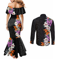 Hawaii Tropical Leaves and Flowers Couples Matching Mermaid Dress and Long Sleeve Button Shirt Tribal Polynesian Pattern LT03 - Polynesian Pride