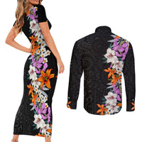 Hawaii Tropical Leaves and Flowers Couples Matching Short Sleeve Bodycon Dress and Long Sleeve Button Shirt Tribal Polynesian Pattern LT03 - Polynesian Pride