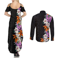 Hawaii Tropical Leaves and Flowers Couples Matching Summer Maxi Dress and Long Sleeve Button Shirt Tribal Polynesian Pattern LT03 - Polynesian Pride