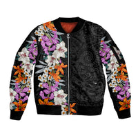 Hawaii Tropical Leaves and Flowers Sleeve Zip Bomber Jacket Tribal Polynesian Pattern LT03 Unisex Black - Polynesian Pride