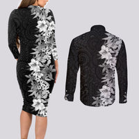 Hawaii Tropical Leaves and Flowers Couples Matching Long Sleeve Bodycon Dress and Long Sleeve Button Shirt Tribal Polynesian Pattern Black White Style LT03 - Polynesian Pride