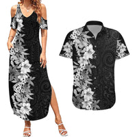 Hawaii Tropical Leaves and Flowers Couples Matching Summer Maxi Dress and Hawaiian Shirt Tribal Polynesian Pattern Black White Style LT03 Black - Polynesian Pride