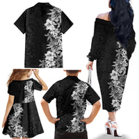 Hawaii Tropical Leaves and Flowers Family Matching Off Shoulder Long Sleeve Dress and Hawaiian Shirt Tribal Polynesian Pattern Black White Style LT03 - Polynesian Pride