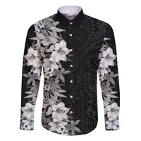 Hawaii Tropical Leaves and Flowers Family Matching Puletasi and Hawaiian Shirt Tribal Polynesian Pattern Black White Style LT03 Dad's Shirt - Long Sleeve Black - Polynesian Pride
