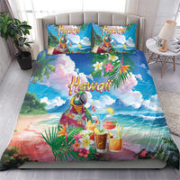 Hawaii Cocktails Bedding Set Parrot with Cute Beach Landscape and Tropical Plants