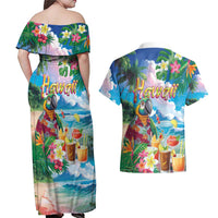 Hawaii Cocktails Couples Matching Off Shoulder Maxi Dress and Hawaiian Shirt Parrot with Cute Beach Landscape and Tropical Plants