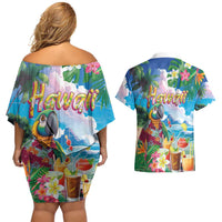 Hawaii Cocktails Couples Matching Off Shoulder Short Dress and Hawaiian Shirt Parrot with Cute Beach Landscape and Tropical Plants