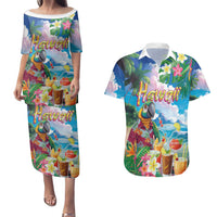 Hawaii Cocktails Couples Matching Puletasi and Hawaiian Shirt Parrot with Cute Beach Landscape and Tropical Plants