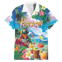 Hawaii Cocktails Family Matching Off The Shoulder Long Sleeve Dress and Hawaiian Shirt Parrot with Cute Beach Landscape and Tropical Plants