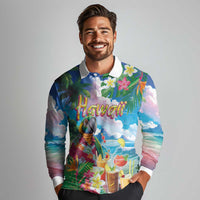 Hawaii Cocktails Long Sleeve Polo Shirt Parrot with Cute Beach Landscape and Tropical Plants