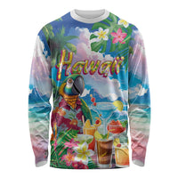 Hawaii Cocktails Long Sleeve Shirt Parrot with Cute Beach Landscape and Tropical Plants