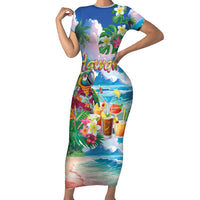 Hawaii Cocktails Short Sleeve Bodycon Dress Parrot with Cute Beach Landscape and Tropical Plants