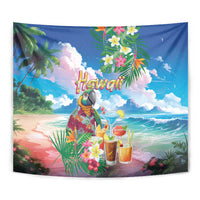 Hawaii Cocktails Tapestry Parrot with Cute Beach Landscape and Tropical Plants