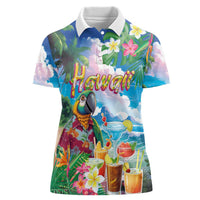 Hawaii Cocktails Women Polo Shirt Parrot with Cute Beach Landscape and Tropical Plants