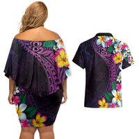 Hawaiian Plumeria-Polynesian Art Tattoo Mauve Color Couples Matching Off Shoulder Short Dress and Hawaiian Shirt