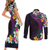 Hawaiian Plumeria-Polynesian Art Tattoo Mauve Color Couples Matching Short Sleeve Bodycon Dress and Long Sleeve Button Shirt