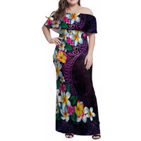 Hawaiian Plumeria-Polynesian Art Tattoo Mauve Color Family Matching Off Shoulder Maxi Dress and Hawaiian Shirt