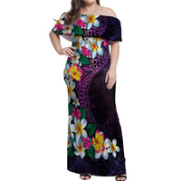Hawaiian Plumeria-Polynesian Art Tattoo Mauve Color Off Shoulder Maxi Dress