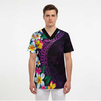 Hawaiian Plumeria-Polynesian Art Tattoo Mauve Color Scrub Top LT03 - Polynesian Pride