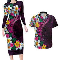 Hawaiian Plumeria-Polynesian Art Tattoo Plum Pink Color Couples Matching Long Sleeve Bodycon Dress and Hawaiian Shirt