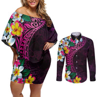 Hawaiian Plumeria-Polynesian Art Tattoo Plum Pink Color Couples Matching Off Shoulder Short Dress and Long Sleeve Button Shirt