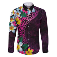 Hawaiian Plumeria-Polynesian Art Tattoo Plum Pink Color Family Matching Long Sleeve Bodycon Dress and Hawaiian Shirt LT03 Dad's Shirt - Long Sleeve Pink - Polynesian Pride