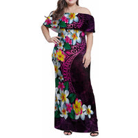 Hawaiian Plumeria-Polynesian Art Tattoo Plum Pink Color Family Matching Off Shoulder Maxi Dress and Hawaiian Shirt